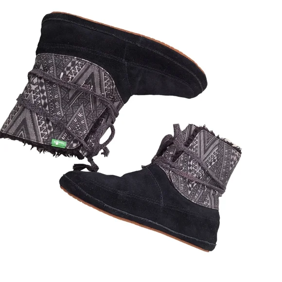 Sanuk Women's Soulshine Chill Black Faux Fur Trim Lace Front Suede Boots 7M - Picture 5 of 9